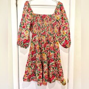 Floral Smocked Puff Sleeve Dress Multicolor L NWT